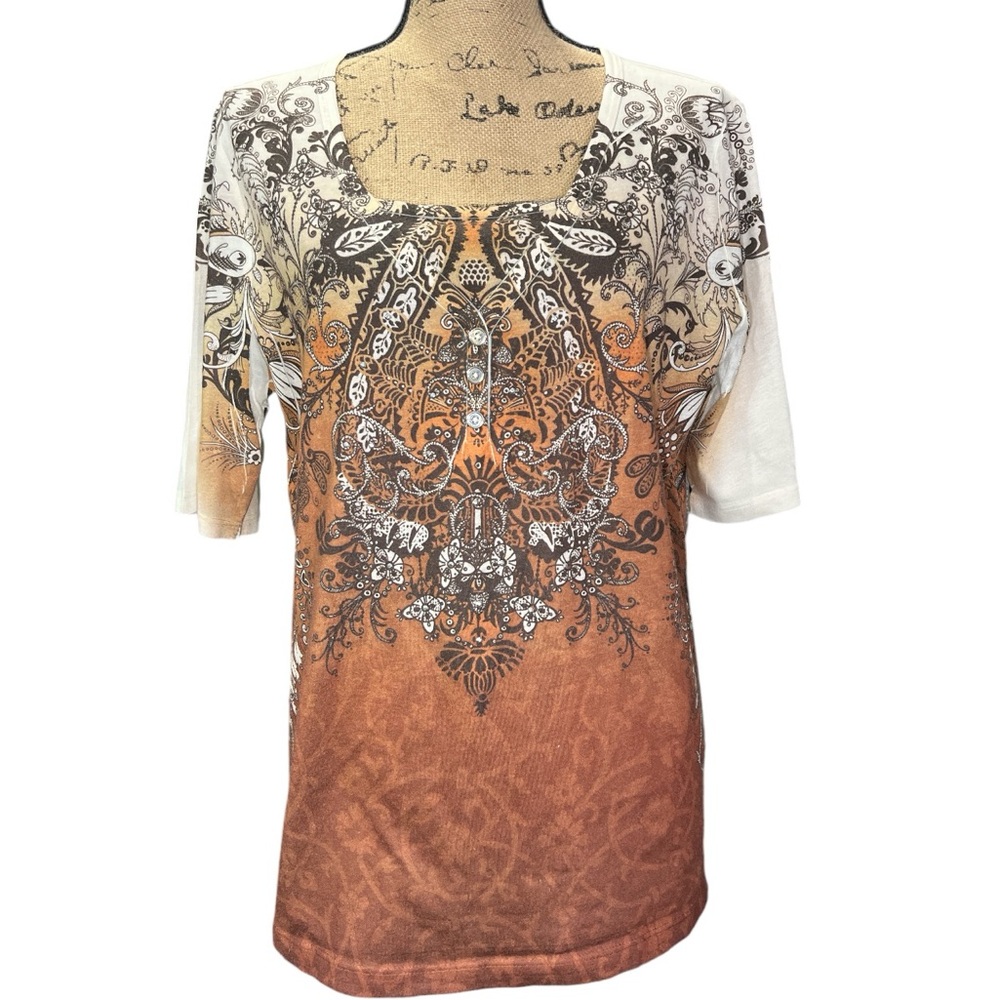 Approiate Behavior brown to cream ombre print top with rhinestones  EC Size XL
